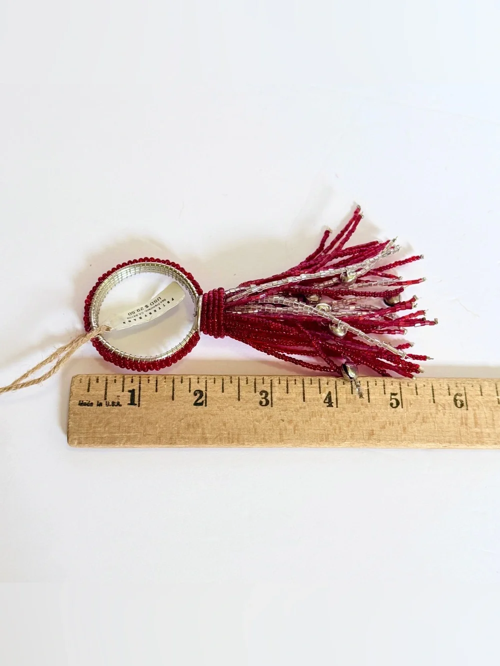 NWT Pottery Barn Red & Silver Beaded Jingle Bell Tassel Napkin Rings Set of 4